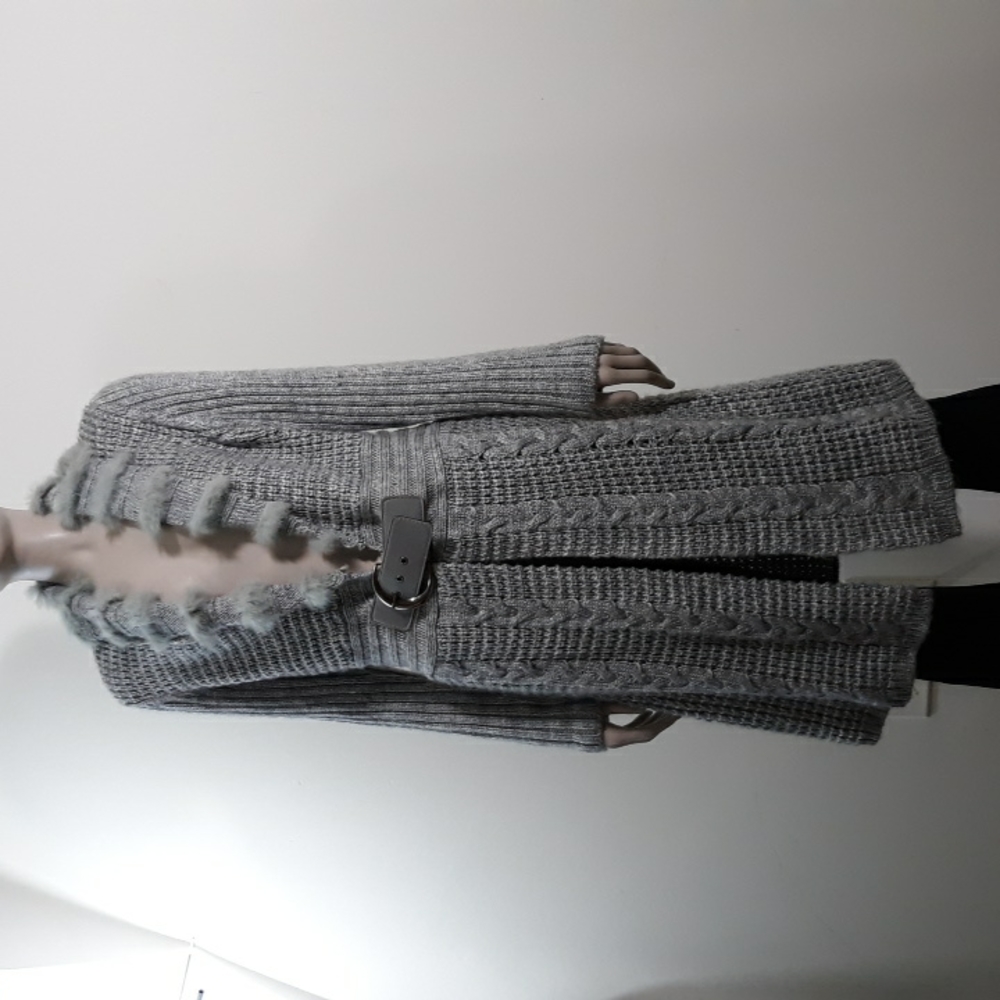 Gizel M/L Wool Blend Grey Belted Faux Fur Cable Knit Long Sweater